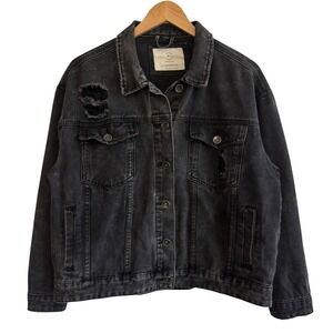 91 Cotton Distressed Black‎ Button Up Denim Jean Jacket Men Women Size 10 #406